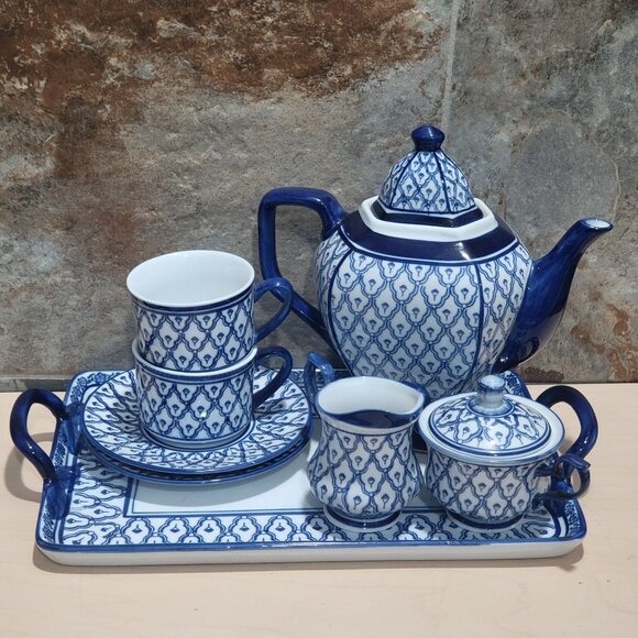 Vintage Pacific Rim Blue Teapot Set 10 Pcs - Picture 1 of 13